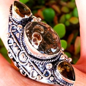 New Turtella Agate Fossil & Smoky Quartz 925 Silver Statement Ring.